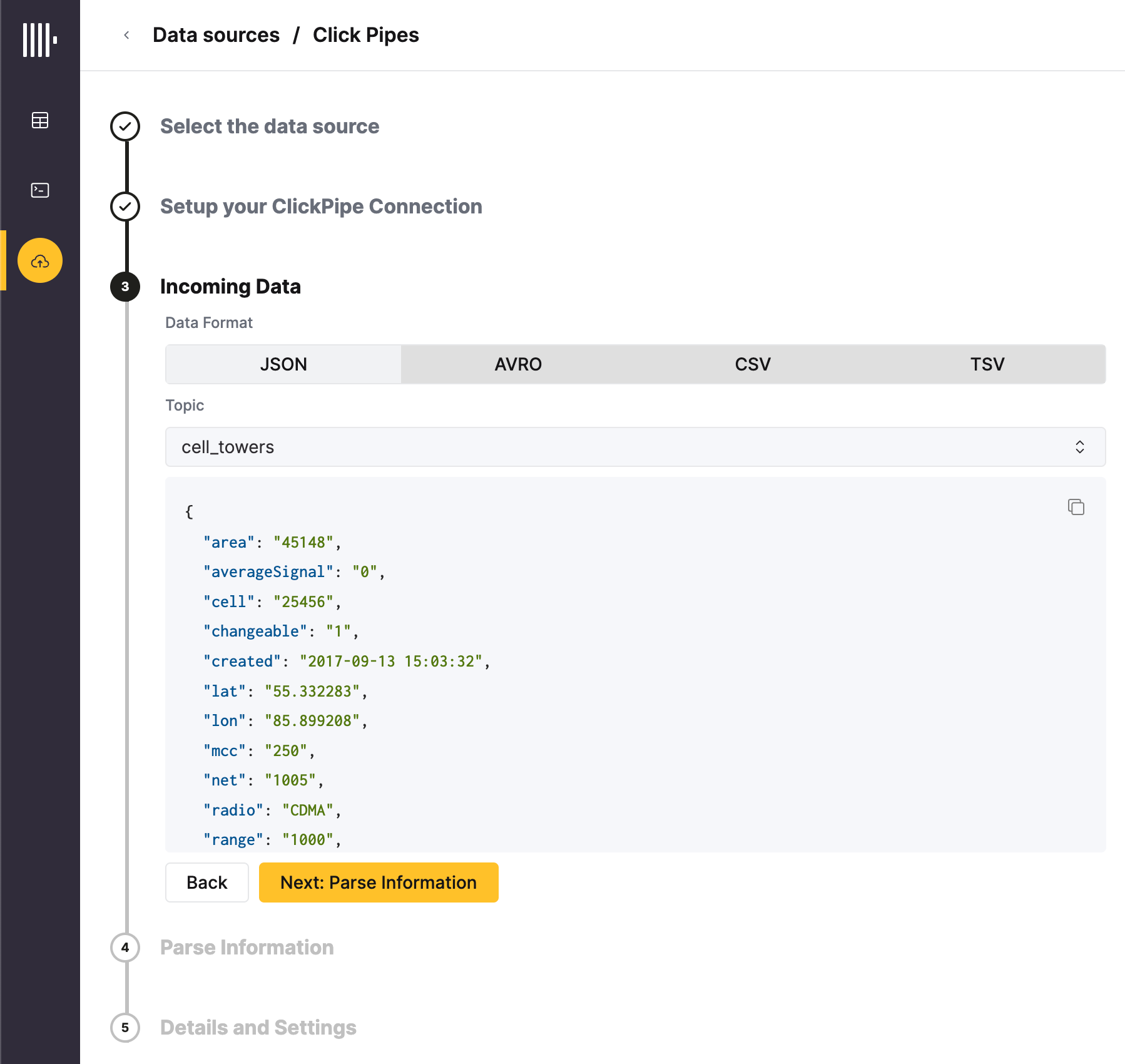 Set data format and topic