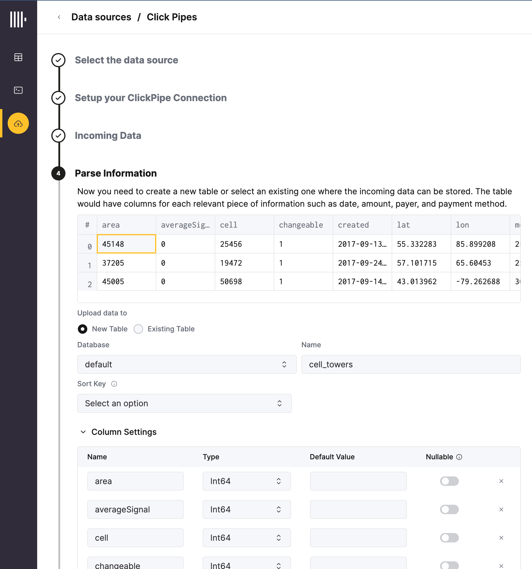 Set table, schema, and settings